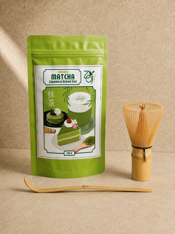 Matcha kulinarna ZOI 100 g z akcesoriami: zielona saszetka, chasen (bambusowa miotełka) i chashaku (bambusowa łyżeczka)