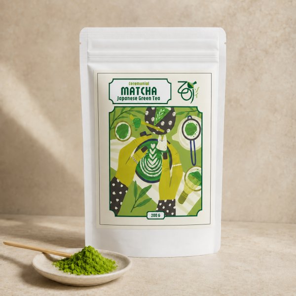ZOI ceremonial matcha in a white 200 g pouch, with a dish of green powder and a bamboo scoop in front